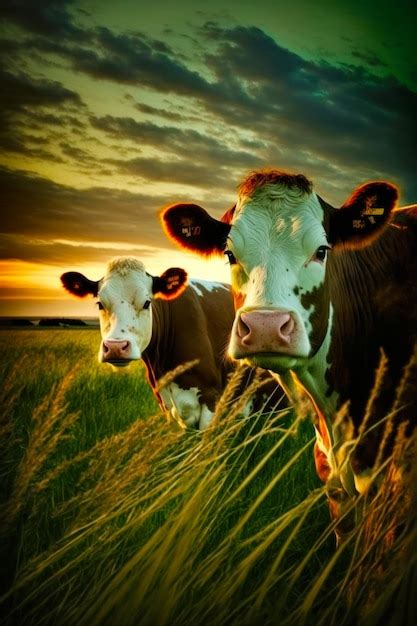 Premium Photo Couple Of Cows Standing On Top Of Lush Green Grass