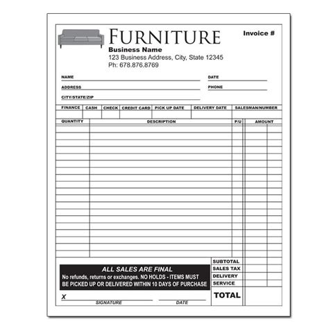 Terms and conditions including relevant payment and delivery terms. FURNITURE INVOICE FORM | Invoice template