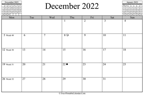 December 2022 Calendar Horizontal Layout