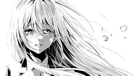 Monochrome Crying Anime Girls Anime Face Long Hair Hd Wallpaper