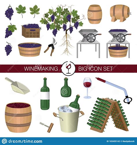 Production Of Wine Winemaking Winery Big Set Of Isolated Cartoon