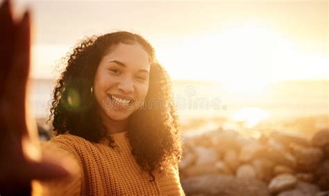Selfie Sunset And Mockup With A Black Woman On The Beach During Summer For A Holiday Or