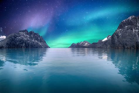 Sea Sky Aurora Borealis Ocean Mountain Landscape Night Beauty In