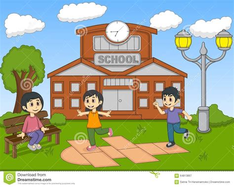 Children Playing Hopscotch On The School Cartoon Vector Illustration