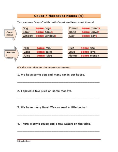 Count Non Count Nouns 4 Worksheet For 4th Grade Lesson Planet