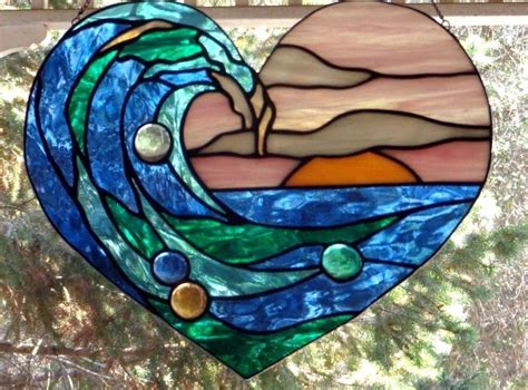 See more ideas about stained glass, glass, stained glass patterns. Stained Glass Art Window WAVE IN HEART Suncatcher Panel ...