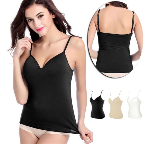 Women Spaghetti Strap Camisole Built In Bra V Neck Padded Slim Vest