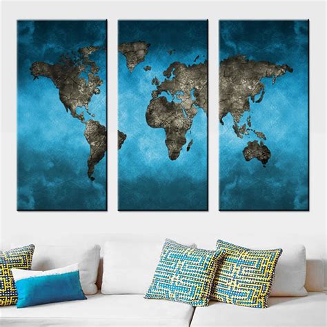 3 Panel Abstract World Map Canvas Printings Large Blue Global World Map