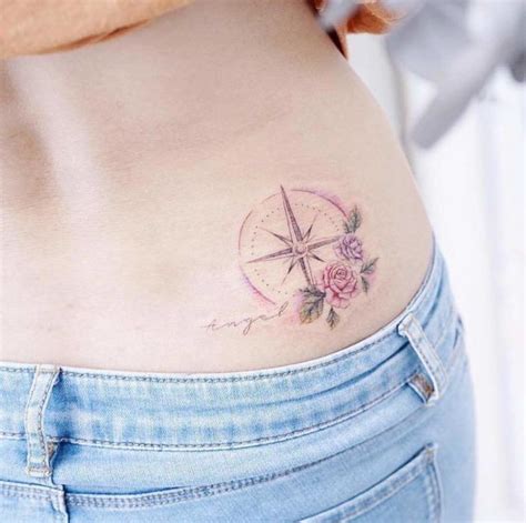 Hip Tattoo Angel Pink Purple Roses Small Compass Tattoo Jeans Compass
