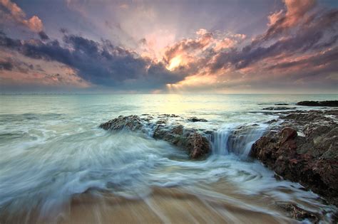 Beach Sea Dawn Dusk Landscape Ocean Rocks Sunlight Hd Nature 4k