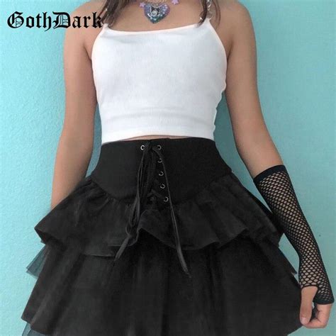 Buy Goth Dark Gothic Pleated Lace Up Mini Skirts Mall Goth Mesh Patchwork Women Sexy Skirt High