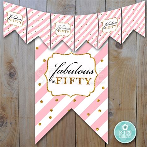 Printable 50th Birthday Banner Pink And Gold Glitter Fabulous Etsy