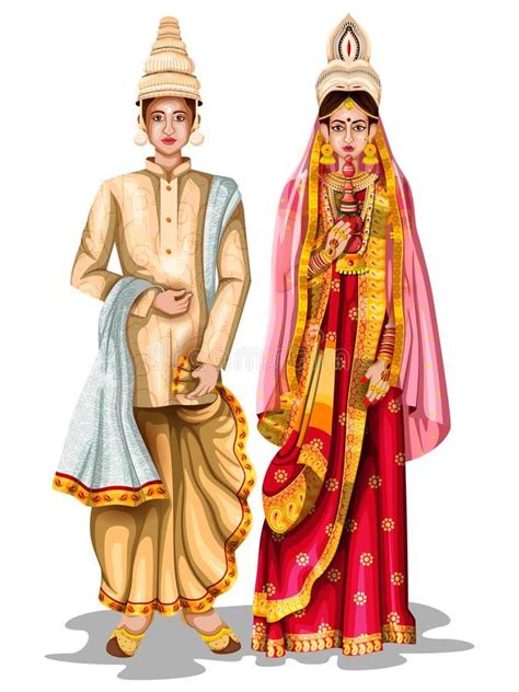 Bengali Wedding Couple In Traditional Costume Of West Bengal India Vector Illustration Bride