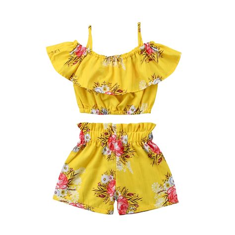 2018 Summer Toddler Kids Girls Royal Off Shoulder Yellow Floral Strap
