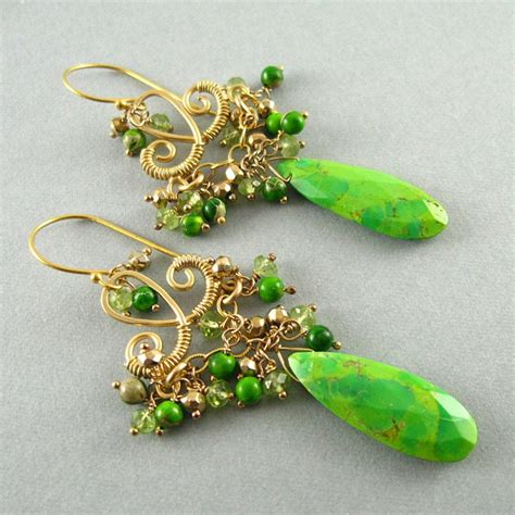 Green Gemstone Wire Wrapped Chandelier Earrings Green Etsy