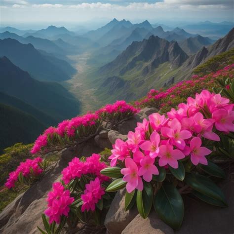 Premium Photo Pink Flowers On A Mountain Top With Mountains In The Background