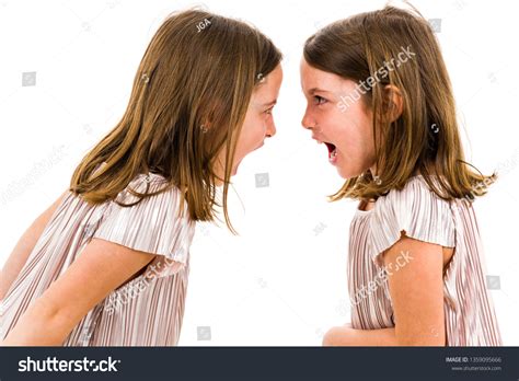 Identical Twin Girls Sisters Arguing Yelling Stock Photo 1359095666