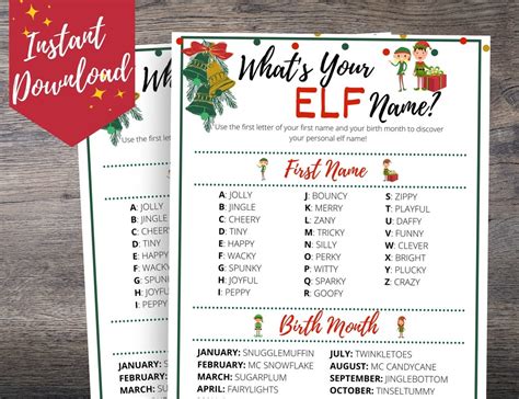 Whats Your Elf Name Chart For Adults Teens And Kids Etsy