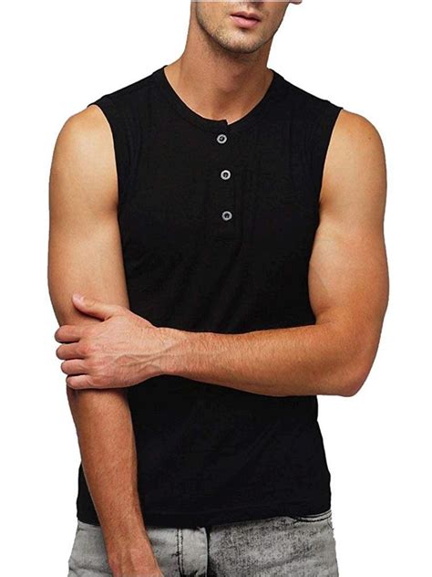 Makkrom Mens Slim Fit Sleeveless Button Henley T Shirt A Black Size