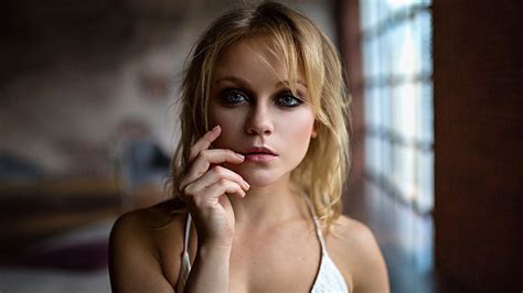 women blonde face portrait blue eyes pink lipstick olya pushkina hd wallpaper