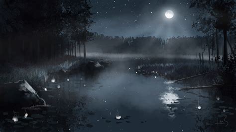 Picture Nature Pond Moon Night Time Painting Art 1920x1080