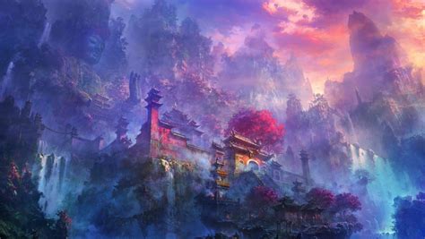 Wallpaper Asian Temple Artwork Landscape Buda Waterfall Mountains