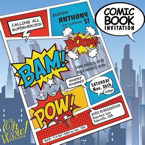 Comic Book Style Super Hero Theme Birthday Costume Party Invitation By