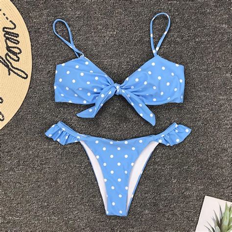 Blue Polka Dot Knot Bikini Set Free Shipping Sunwise Swimwear