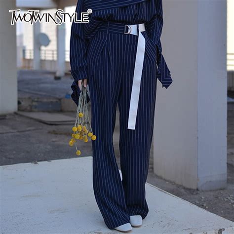 Twotwinstyle Striped Pants Womens Sashes High Waist Pocket X Long Wide Leg Trouser Female 2018