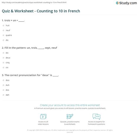 Quiz And Worksheet Counting To 10 In French