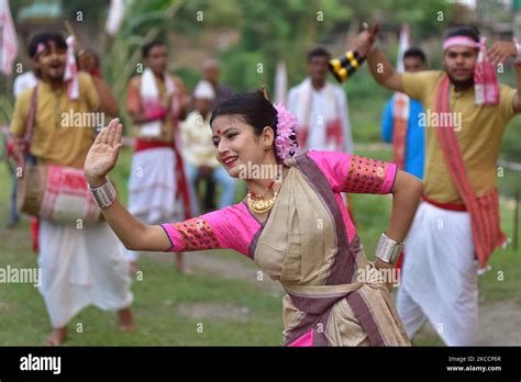 Assamese Girls In Traditional Attire Perform Bihu Dance To Celebrate Rongali Bihu Festivalin