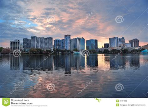 Orlando Sunset Over Lake Eola Stock Image Image Of Evening Cityscape