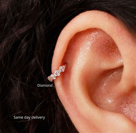 14k Solid Gold Helix Hoopdiamond Helix Earringcartilage Etsy