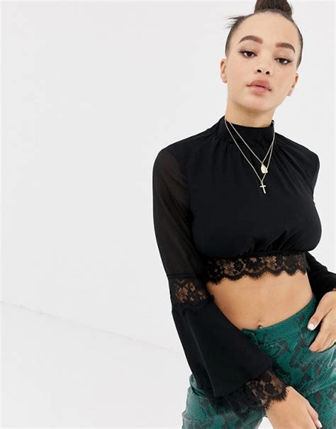 Missguided Lace Flared Sleeve Crop Top In Black Asos