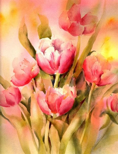 Pink Tulips Watercolor Painting Print Tulips Bouquet By