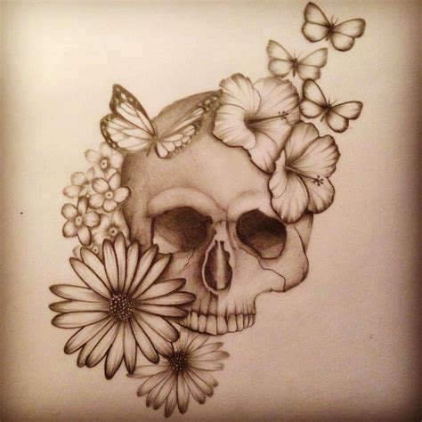 A Drawing Of A Skull With Flowers And Butterflies On Its Head Is Shown