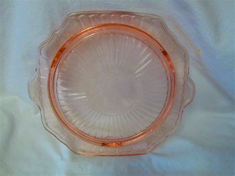 Beautiful Pink Glass Depression Glass Cake Plate Ribbed With Floral