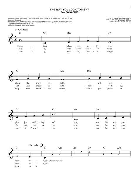 You can also get midi file, pdf and 300 online lessons for guitar, bass and keyboard. The Way You Look Tonight chords by Jerome Kern (Melody ...