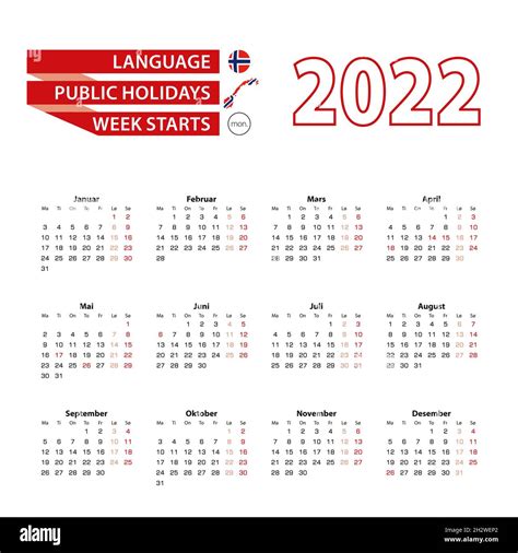 Calendar 2022 In Norwegian Language With Public Holidays The Country Of