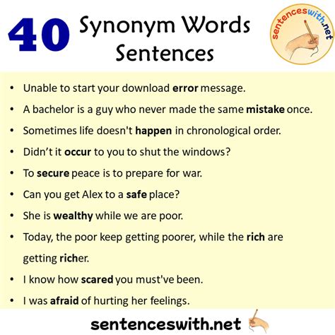 40 Synonym Words Sentences Examples Synonyms Vocabulary With Sentences