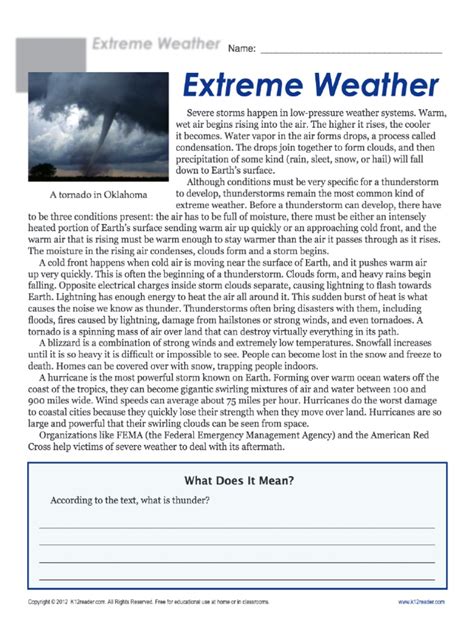 Sixth Grade Reading Comprehension Worksheet Extreme Weatherpdf
