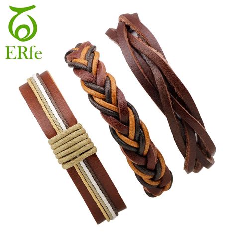 ER 3pcs Set Multi Layer Leather Bracelet Vintage Real Brown Multilayer