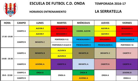 Cd Onda Escuela De Futbol Horarios De Entrenamiento Temporada 2016 17