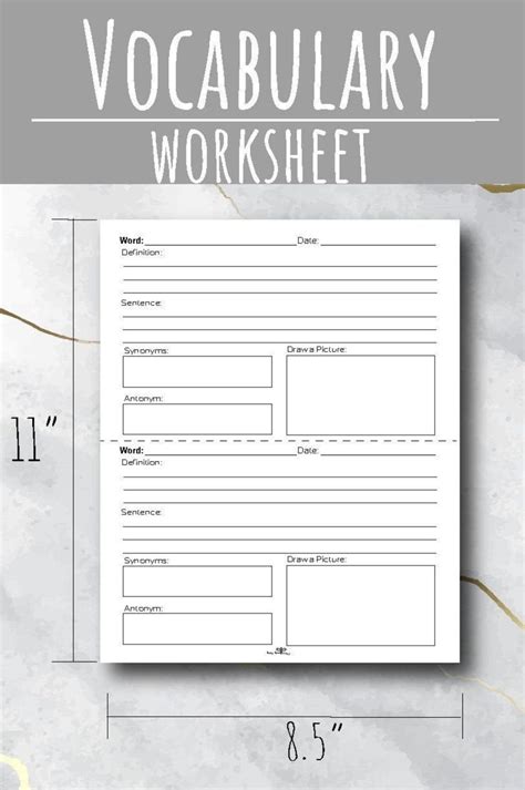 Vocabulary Worksheet Template For Students Printable Instant Etsy For