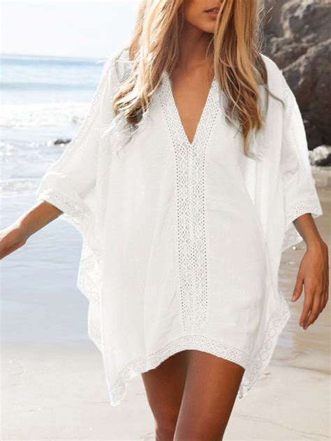 White Oversize V Neck Poncho Beach Cover Up Beachwear For Women Swimwear Cover