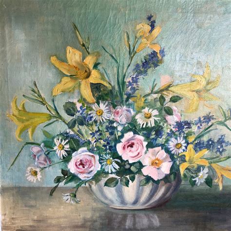 Vintage Floral Painting Mid Century Still Life Oil Painting Extra Large