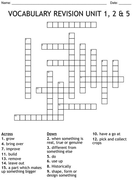Vocabulary Revision Unit 1 2 And 5 Crossword Wordmint