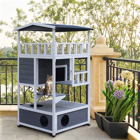 Buy Pawhut Wooden Outdoor Cat House 3 Tier For Winter Kitten Shelter