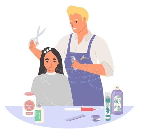 Barber Hair Stylist Make Haircut For Woman Client Stock Vector
