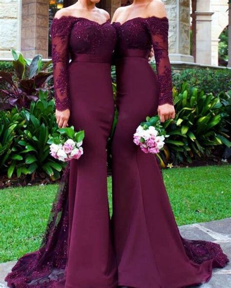 Burgundy Lace Mermaid Prom Dresses Long Sleeves Sexy Evening Dresswine